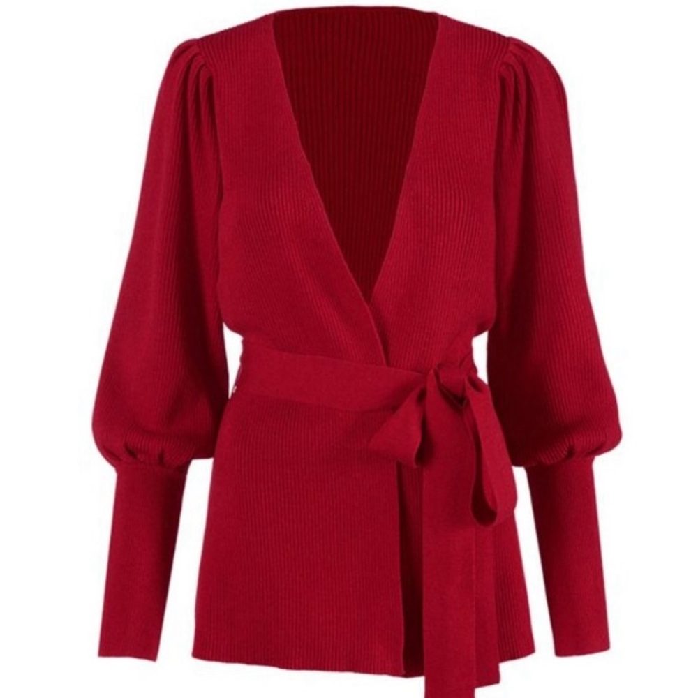CAbi red puffed sleeve belted cardigan. Size MEDIUM
